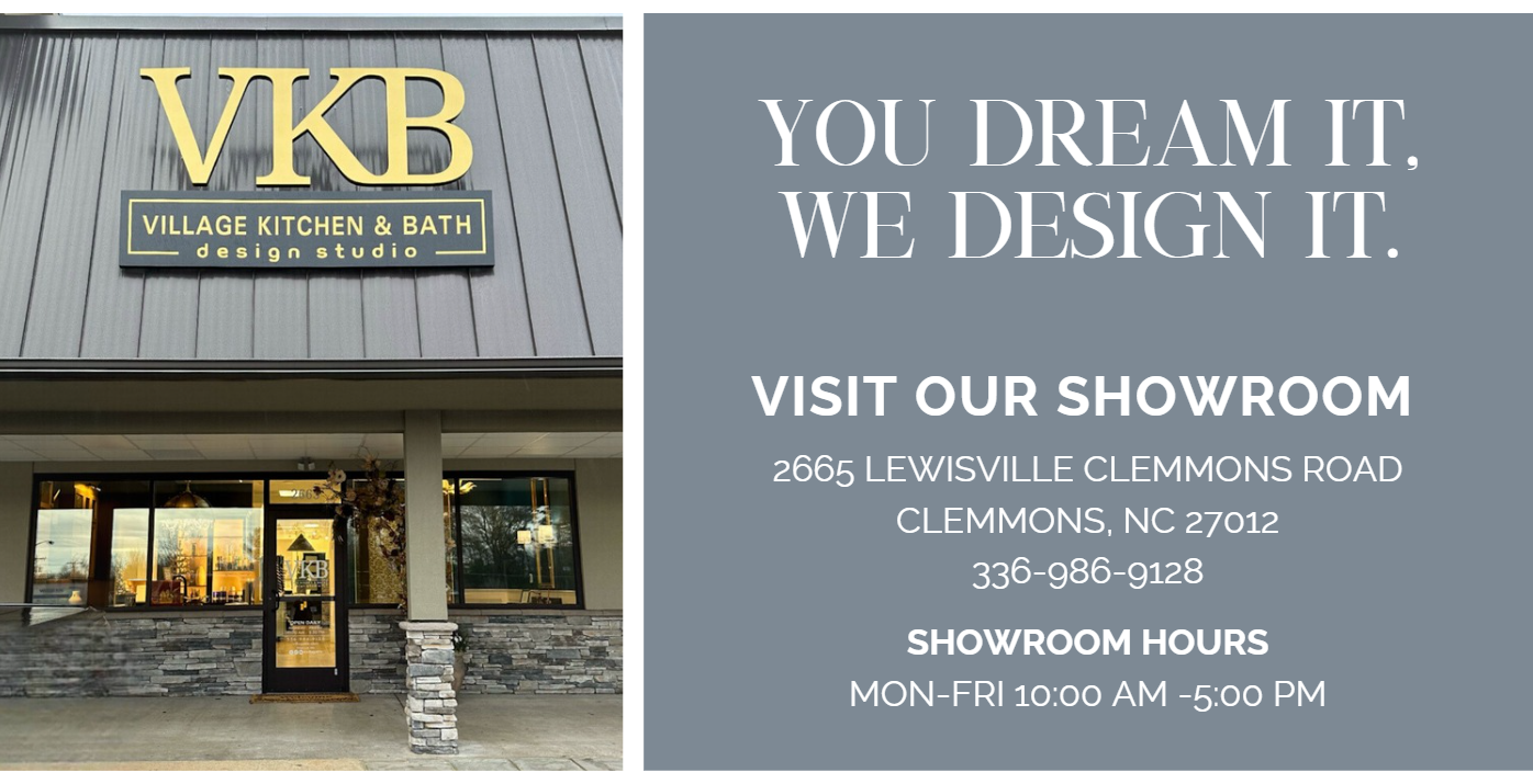 A photo of the exterior of the business. Text reads: "You dream it, we design it. Visit our showroom! 2665 Lewisville Clemmons Road, Clemmons NC 27012. Showroom hours: Monday through Friday, 10:00am through 5:00pm."